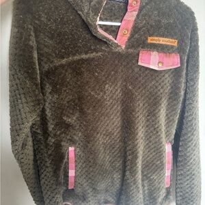 Simply Southern Textured Olive Hoodie with Pink Plaid Details